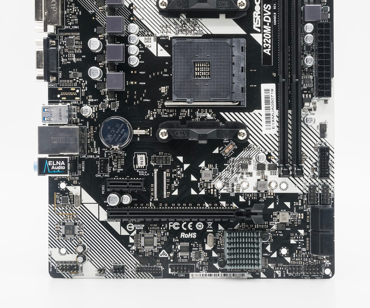 A small black micro-ATX motherboard on a white background, showing its socket, slots and rear ports.